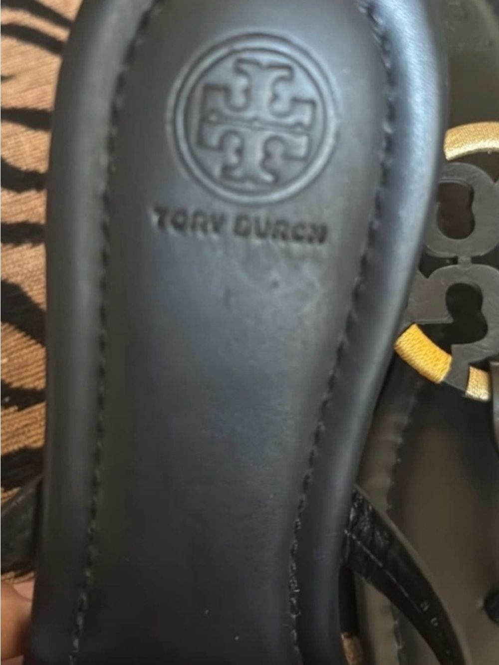 Tory Burch Miller Black Leather Logo Thong Sandals with Red, Green Yellow Accent - Picture 2 of 3